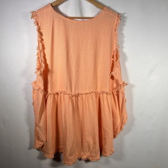 Linen Blend Boho Top Womens Large No Size Tag Brunch Fringe Hem Resort Artsy - Picture 2 of 6